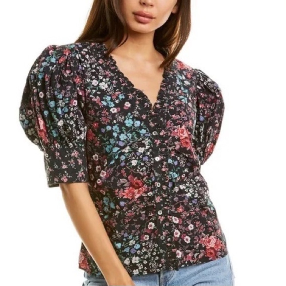 LoveShackFancy Women Black Floral Cotton Puff Sleeve Ruffle V-Neck Blouse Small - Picture 8 of 8